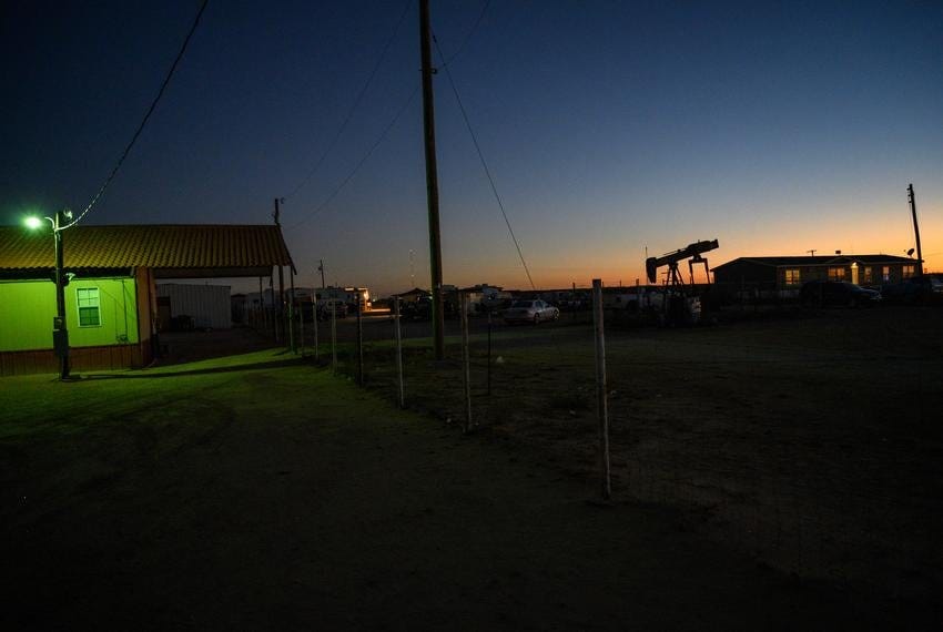 The last remnants of the sunlight begin to set behind a trailer home and pump jack Monday, Nov. 6, 2023, in West Odessa. The last remnants of the sunlight begin to set behind a trailer home and pump jack Monday, Nov. 6, 2023, in West Odessa.