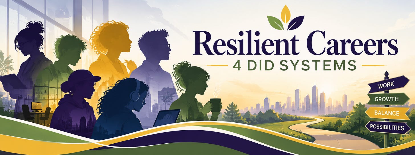 Banner for Resilient Careers 4 DID Systems featuring diverse, overlapping silhouettes of professionals representing different system parts. A winding path leads toward a city skyline, with directional signs reading Work, Growth, Balance, and Possibilities. The design uses purple, green, and gold RCA brand colors, symbolizing the unique experiences, strengths, and career journeys of people living with Dissociative Identity Disorder (DID). Banner for Resilient Careers 4 DID Systems featuring diverse, overlapping silhouettes of professionals representing different system parts. A winding path leads toward a city skyline, with directional signs reading Work, Growth, Balance, and Possibilities. The design uses purple, green, and gold RCA brand colors, symbolizing the unique experiences, strengths, and career journeys of people living with Dissociative Identity Disorder (DID).