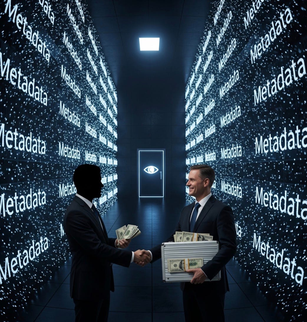Image of Metadata vault with all seeing eye watching as money is exchanged for favors.