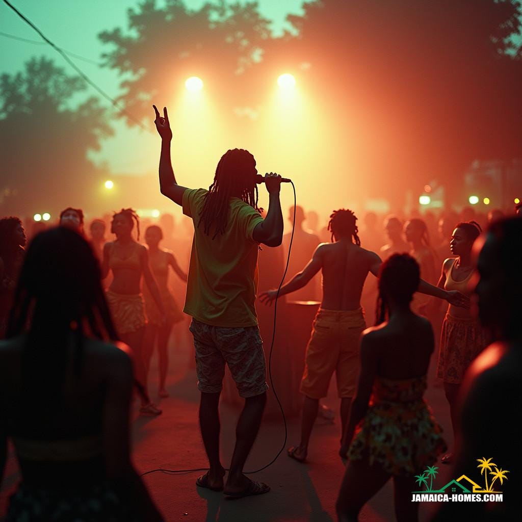 A lively street scene in Jamaica during a traditional sound system event.