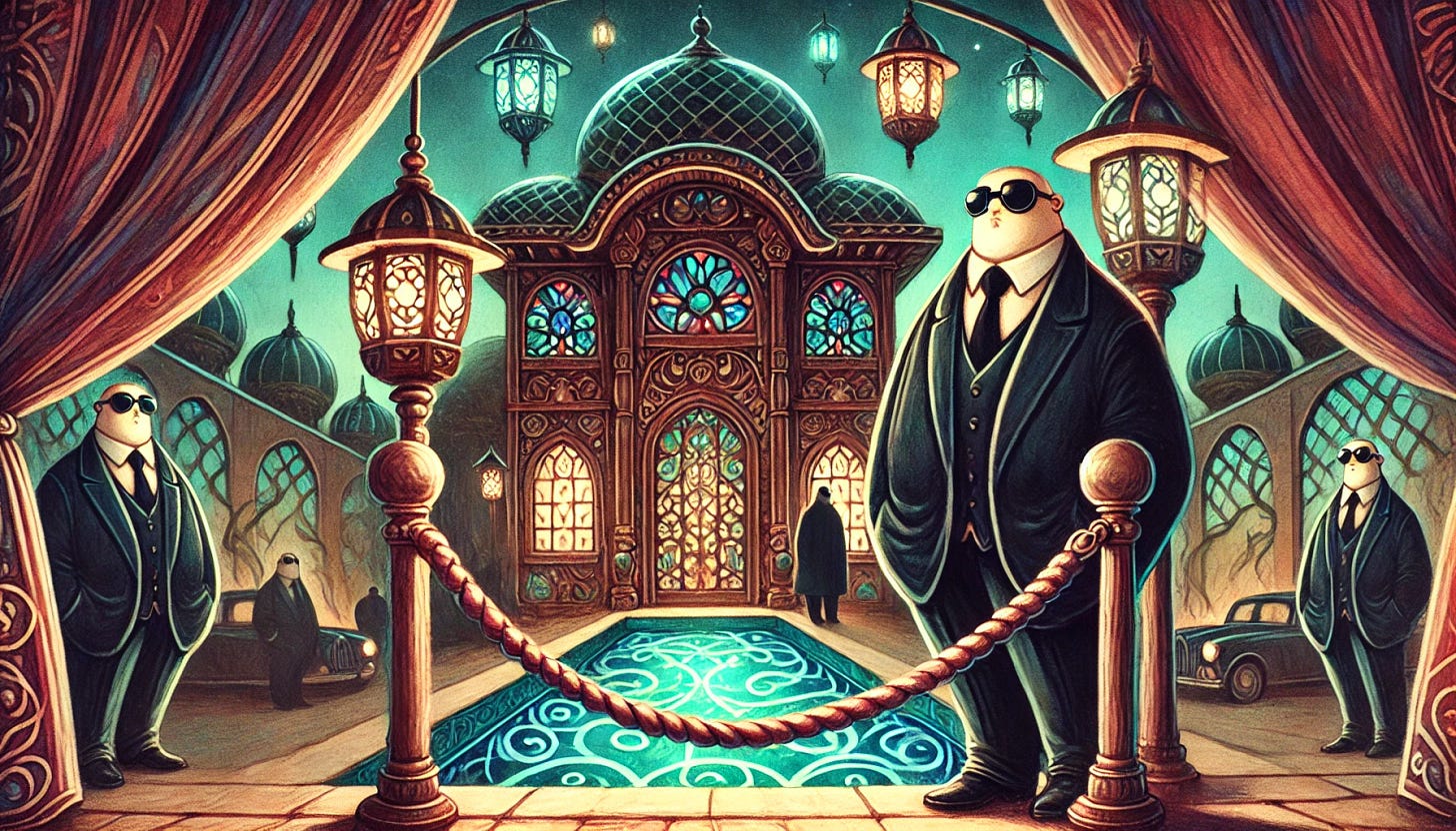 A whimsical, hand-drawn style illustration of an exclusive private club entrance at night. A velvet rope separates the outside from the interior, where large, serious bouncers in dark suits and sunglasses guard the entrance. Beyond the rope is a dark, swirling pool that glows faintly, surrounded by ornate lanterns casting soft light. The architecture has a magical, slightly surreal look with curved rooftops and intricate wooden details. The atmosphere feels secretive, magical, and exclusive, with rich colors, soft shading, and a painterly, storybook-like aesthetic.