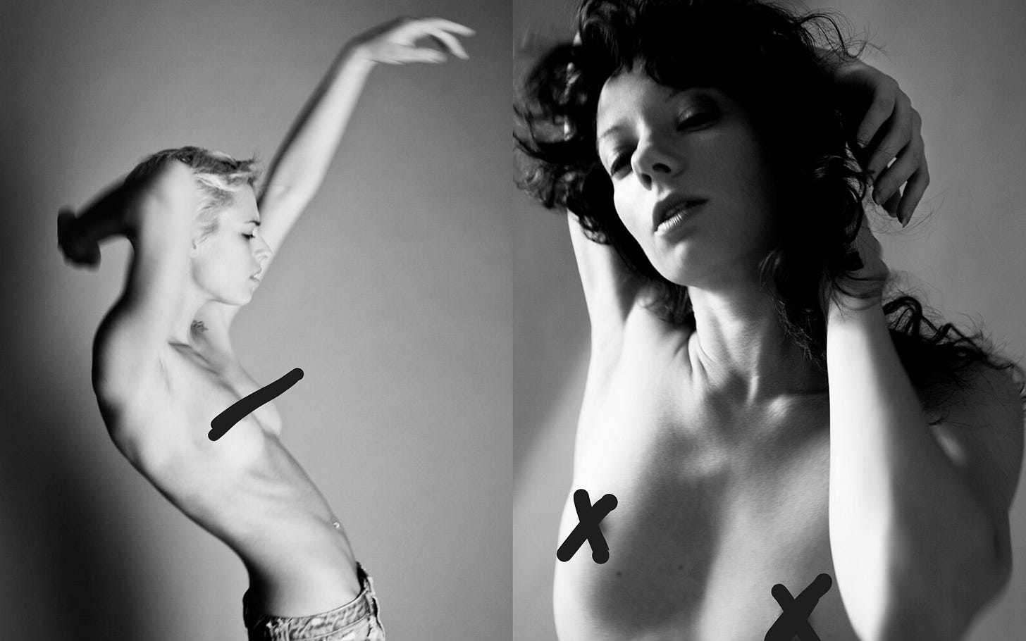 Due ritratti in bianco e nero realizzati con la tecnica del mosso fotografico di due donne che danzano