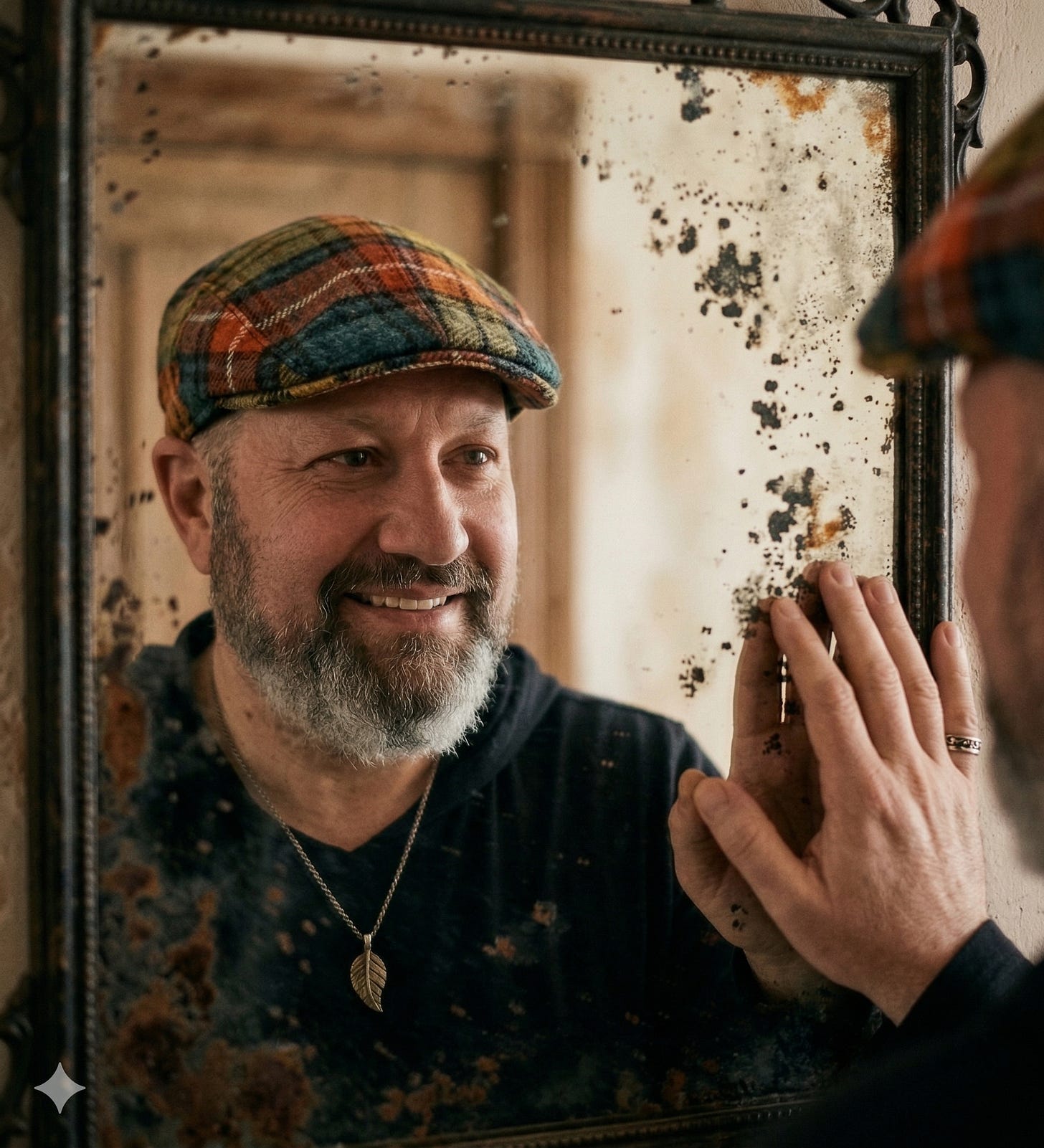 A portrait of a man looking into a dirty mirror. He is touching his hand, viewed in the reflection.