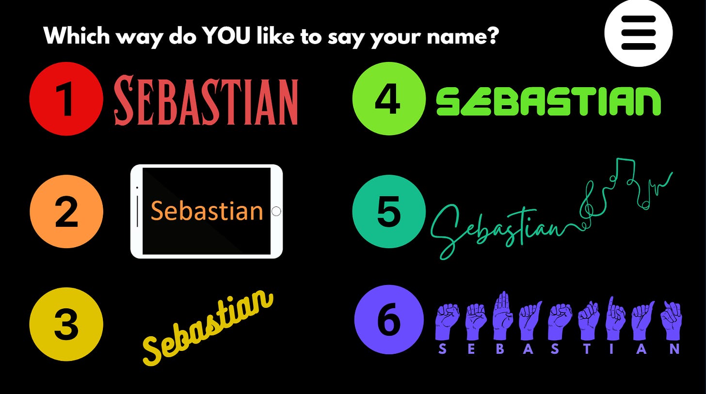 "Which way do YOU like to say your name?" #1 Confidently, #2 with an iPad, #3 shyly, #4 like a robot, #5 with a singing voice, #6 in sign language.