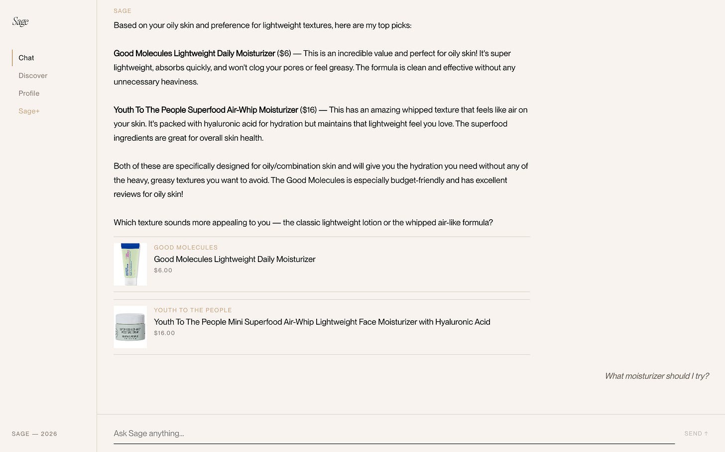 Screenshot of Sage chat experience showing a real conversation about skin concerns