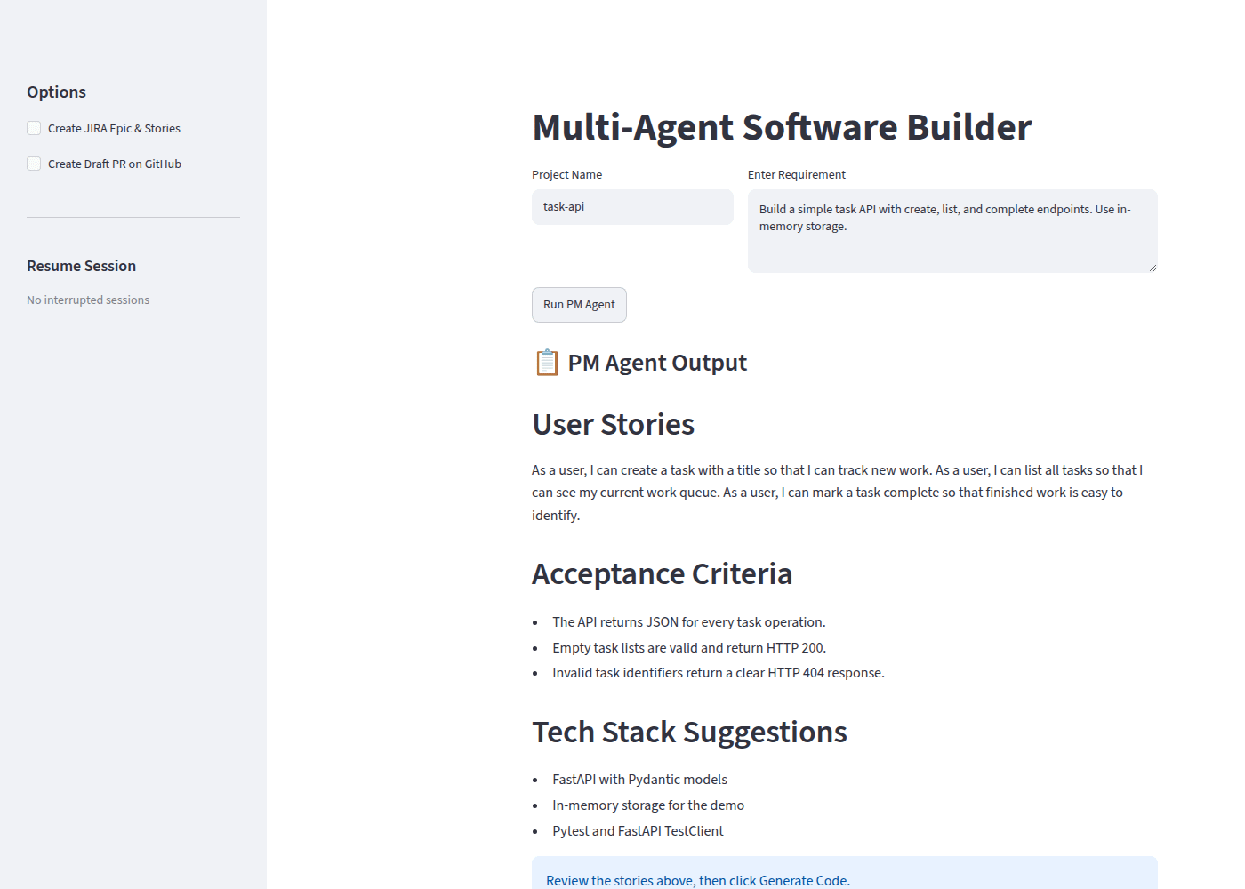 Multi-Agent Software Builder showing PM agent user stories, acceptance criteria, and a review step