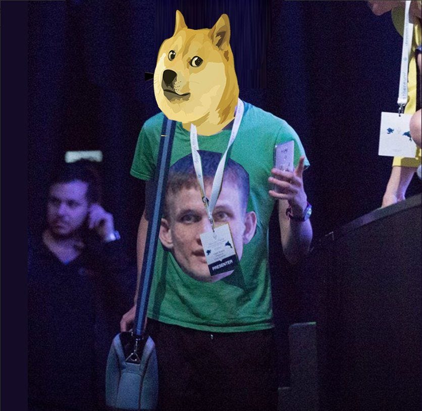 Doge wearing a Vitalik T-shirt