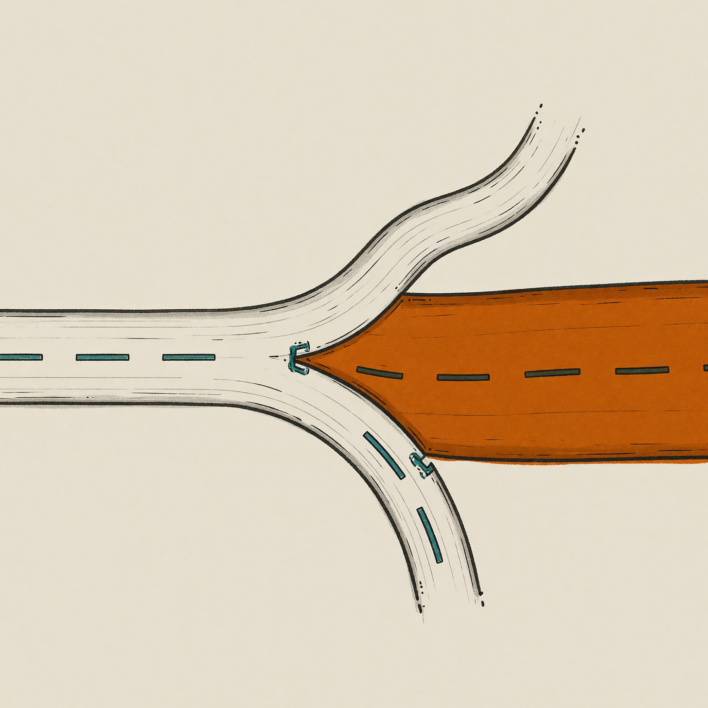Illustration of a road forking, two pale thin branches curving away and fading while a single wide orange lane runs straight ahead and dominates the frame