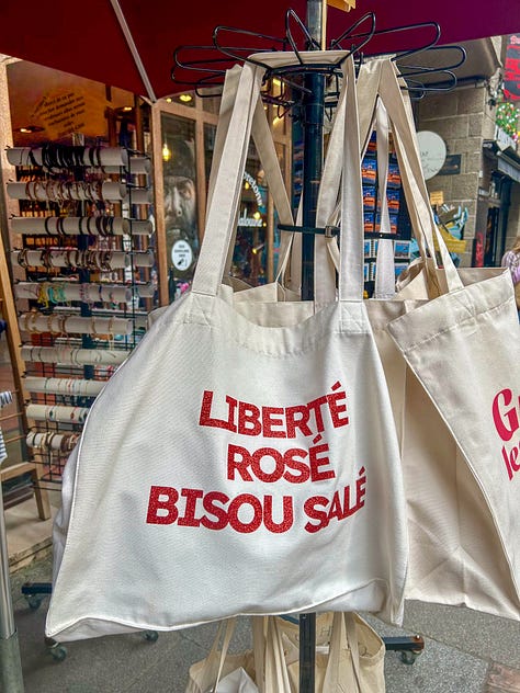 souvenirs, tote bags and signs in Saint Malo, France