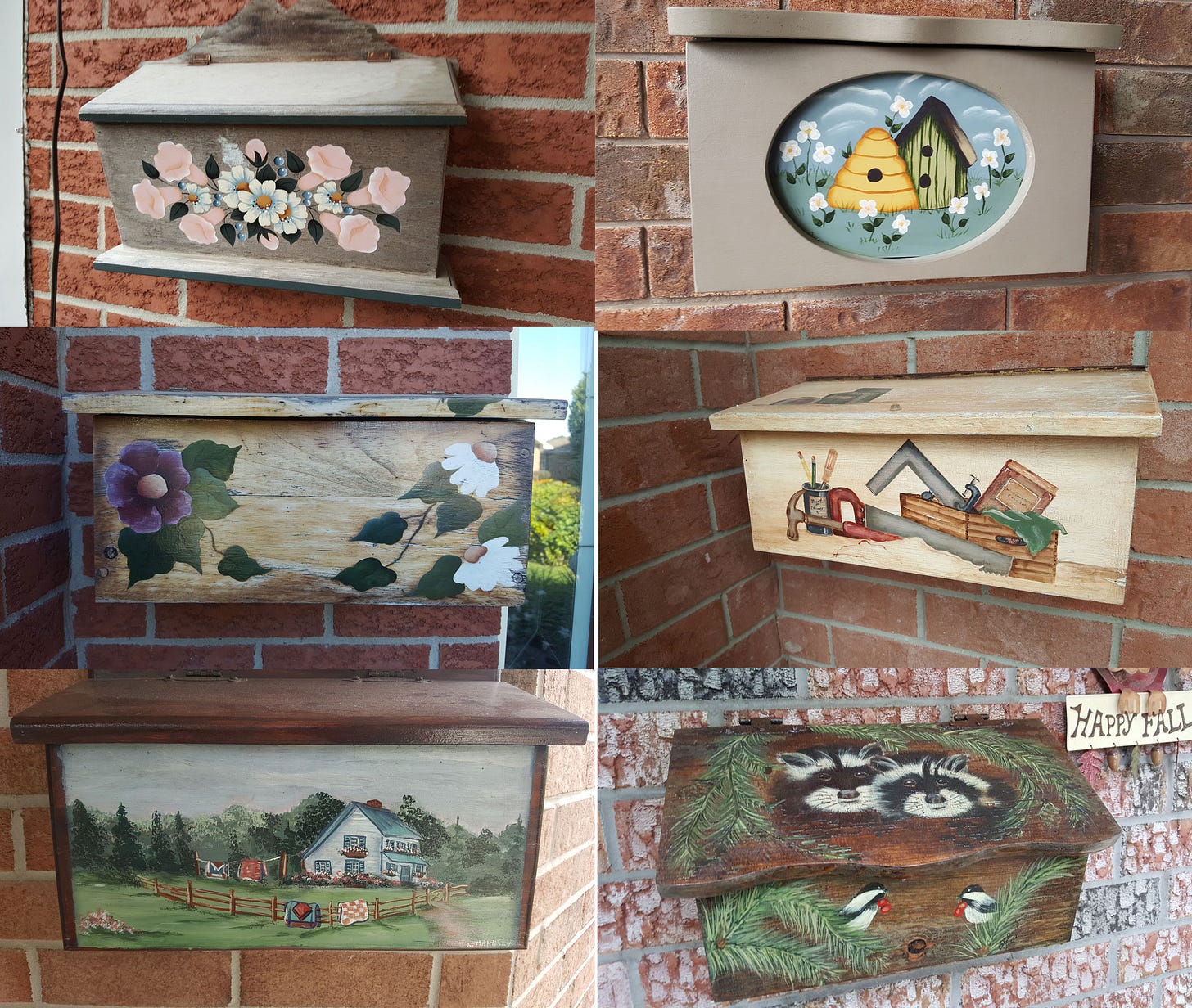 A collage of six hand-painted mailboxes