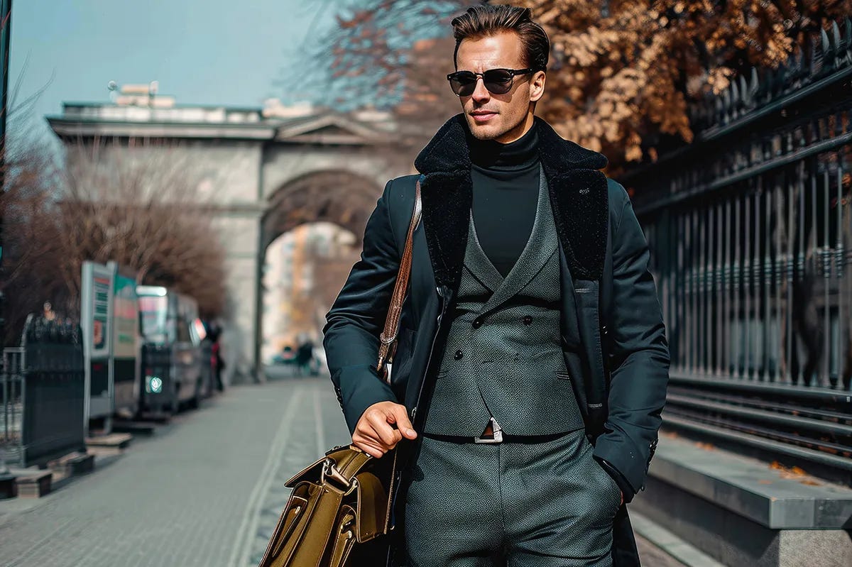 Elegant gentleman handsome desirable gentleman in suit out in the city he is walking and carying Elegant gentleman handsome desirable gentleman in suit out in the city he is walking and carying