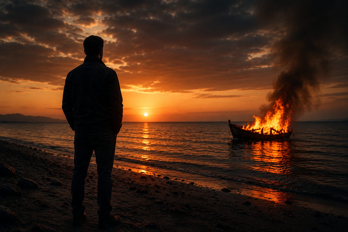 A lone person watches a burning boat at sunset from a quiet shoreline, symbolizing commitment, self-trust, personal transformation, and the decision to move forward without a backup plan. Inspired by Matt Higgins' Burn the Boats philosophy. A lone person watches a burning boat at sunset from a quiet shoreline, symbolizing commitment, self-trust, personal transformation, and the decision to move forward without a backup plan. Inspired by Matt Higgins' Burn the Boats philosophy.