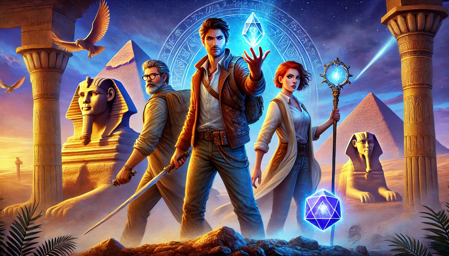 A dynamic book cover featuring three central characters against an ancient Egyptian backdrop at twilight. Sam, the intrepid explorer with rugged features and in his early 40s, holds Merlin’s Staff confidently in an action pose, wearing weathered adventurer attire. Lisa, a redhead in her early 40s, clutches the Holy Grail—a crystalline chalice—her face illuminated by its ethereal glow. Dr. Penfield, the wise scholar with glasses, a beard, and in his early 40s, stands beside them in scholarly robes. Nearby, David, a smaller sentient AI Orb, floats and emits a faint, intelligent glow. The background showcases the majestic Sphinx and distant pyramids in a sweeping desert landscape. The sky is a deep twilight blue with hints of purple, dotted with stars and subtle Atlantean glyphs faintly glowing. The colors are rich and vibrant with a mystical atmosphere, high-definition, and cinematic quality.