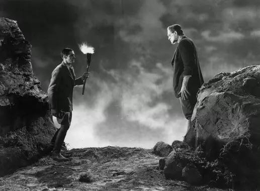 Image of a man with a torch facing Frankenstein's Monster