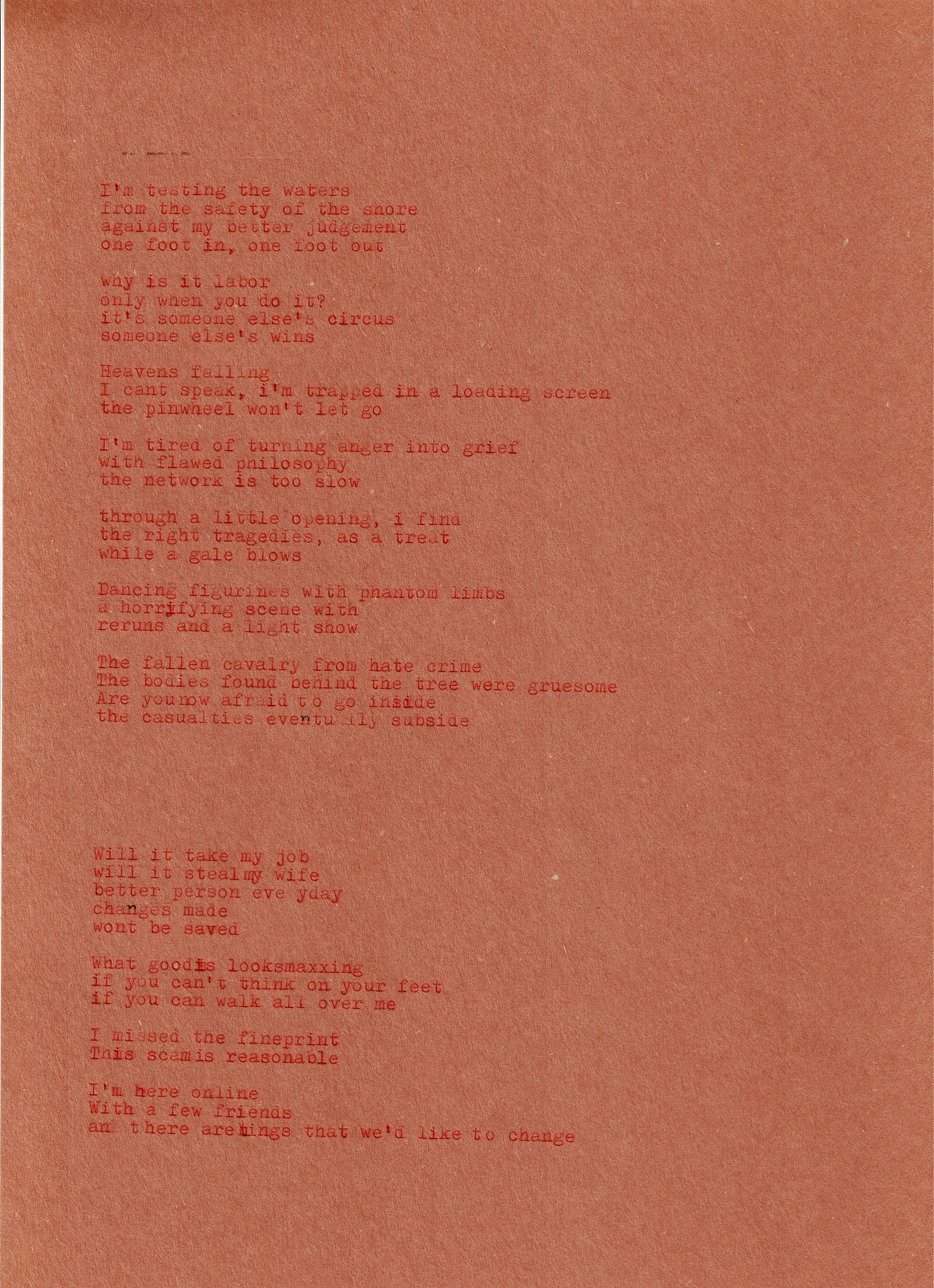 lyric drafts from Reckoner (typewritten in red ink on brown paper)