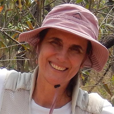 A imagem contém uma mulher sorrindo, ela usa um chapéu rosa