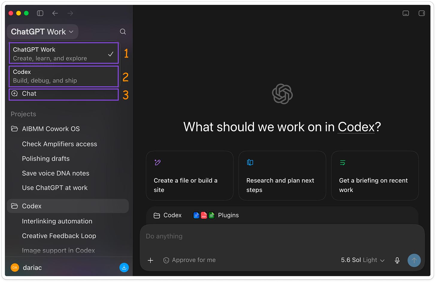 ChatGPT desktop app showing three modes: ChatGPT Work, Codex, and Chat, with the Codex workspace open.