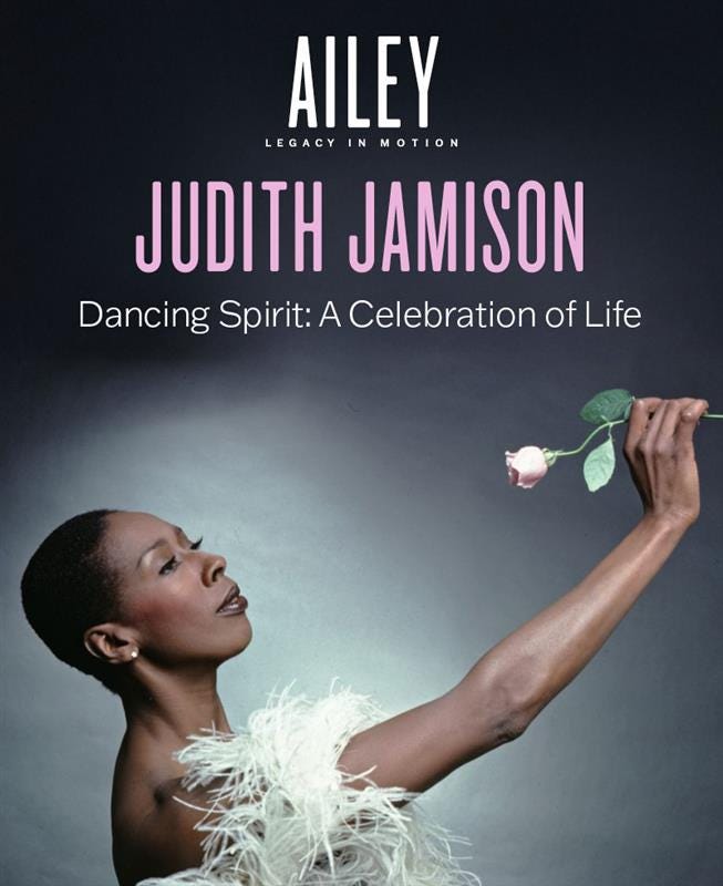Ms. Jamison holding a pink rose with text overlaying: Judith Jamison, Dancing Spirit: A
Celebration of Life