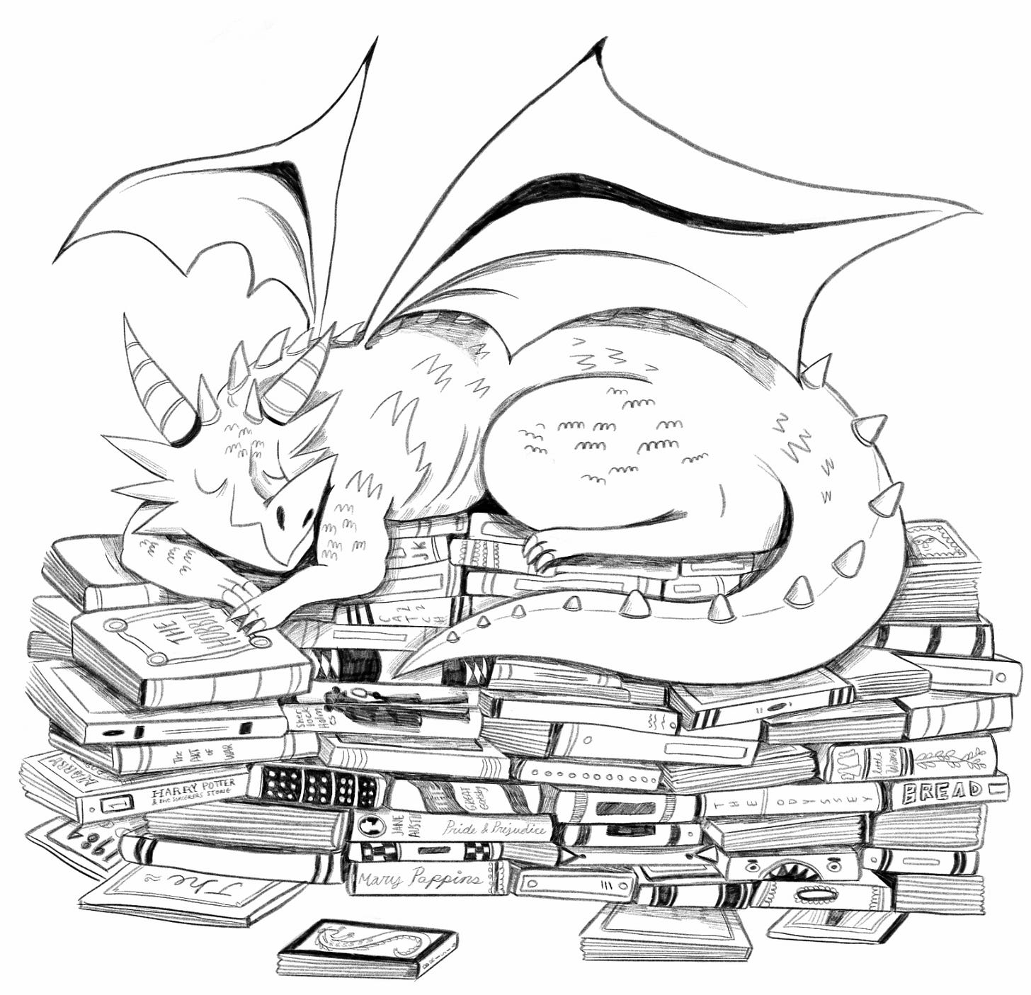 A dragon happily sleeping on a big pile of books. It's adorable.
