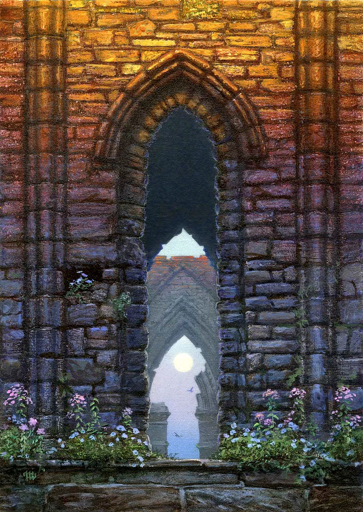 The warm glow of the morning sun hits the top of the rough stone facade of abbey ruins. Delicate wildflowers of pink and blue grow on the step. A view through a thin pointed arch exposes a sequence of similar arches with the final arch broken and incomplete as it frames a full moon against the pale blue morning sky. A pair of seagulls glide in opposite directions. The warm glow of the morning sun hits the top of the rough stone facade of abbey ruins. Delicate wildflowers of pink and blue grow on the step. A view through a thin pointed arch exposes a sequence of similar arches with the final arch broken and incomplete as it frames a full moon against the pale blue morning sky. A pair of seagulls glide in opposite directions.
