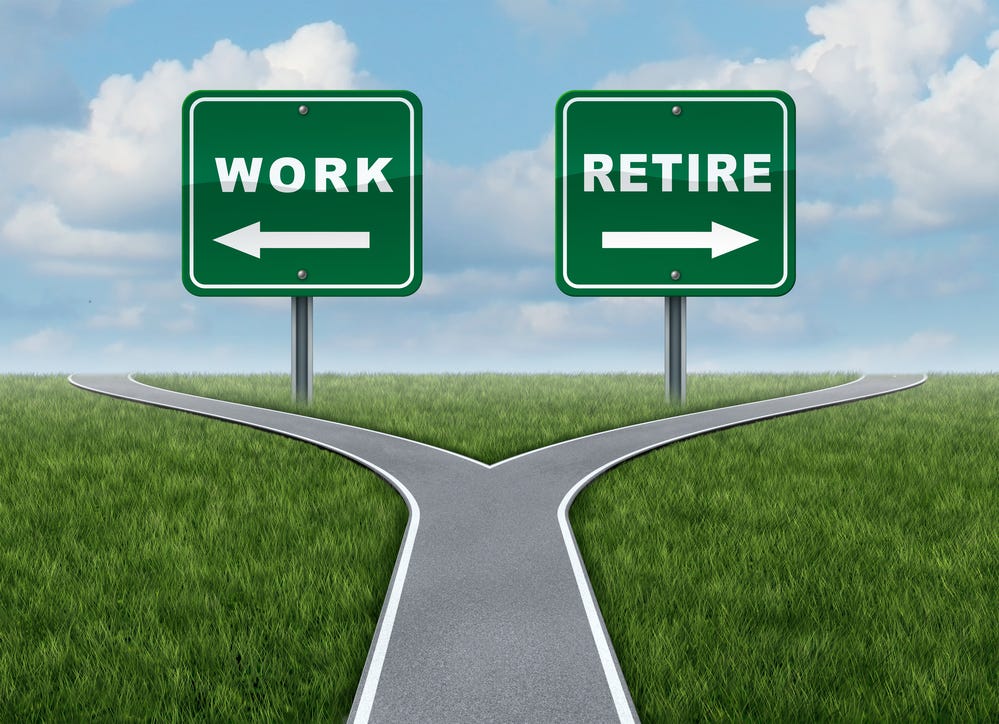 Work or retire as a concept of a difficult decision time for working or retirement as a cross roads and road sign with arrows showing a fork in the road representing the concept of direction when facing a challenging life choice. Work or retire as a concept of a difficult decision time for working or retirement as a cross roads and road sign with arrows showing a fork in the road representing the concept of direction when facing a challenging life choice.