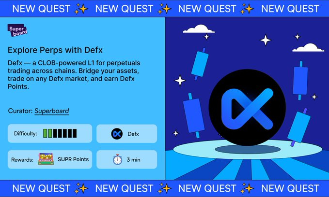 Split screen graphic with blue background left side shows Superboard logo and text Explore perks with Defx perpetuals Defx a CLOB powered L1 for perpetuals trading across chains Bridge your assets trade on any Defx market and earn Defx points right side displays Curator Superboard Difficulty bar Rewards SUPR points timer 3 min icons of bridges blocks and charts representing trading elements multiple NEW QUEST labels at top and bottom