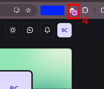Zoomed-in screenshot of the Chrome browser toolbar showing the pinned Get cookies.txt extension icon highlighted with red annotation 4. The user's FlutterFlow Community profile initials "BC" and notification icons are visible below. A profile element is redacted with a blue box for privacy.