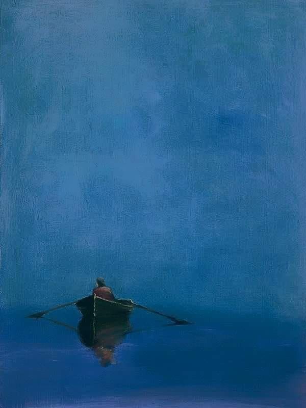This may contain: a painting of a person in a row boat