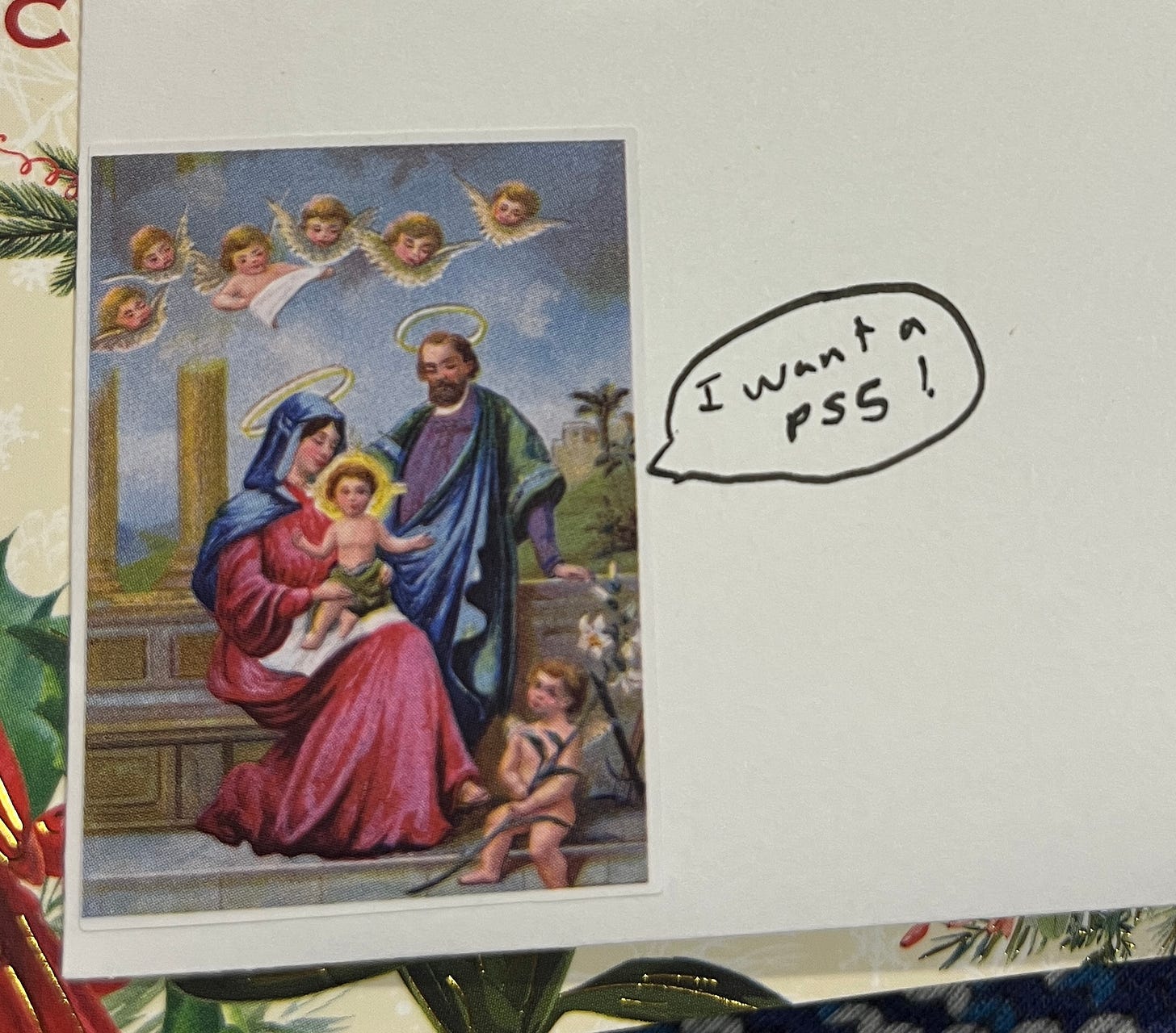 Baby Jesus saying "I want a PS5!" while his parents hold him and a bunch of creepy angels look at the family