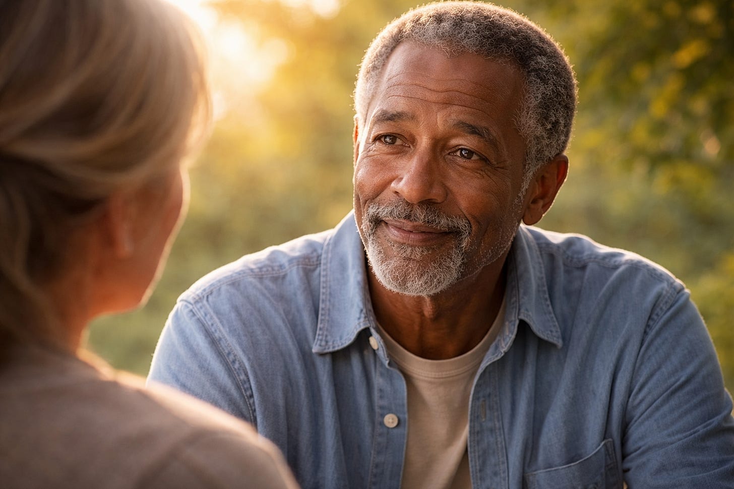 Elderly man smiling warmly at another person outdoors. He wears a denim shirt. Sunlight filters through trees, creating a peaceful mood.