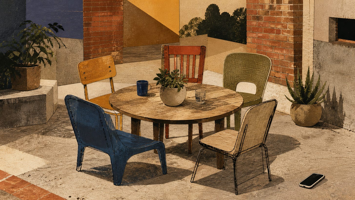 An empty table with mismatched chairs, plants and a phone in a brick courtyard