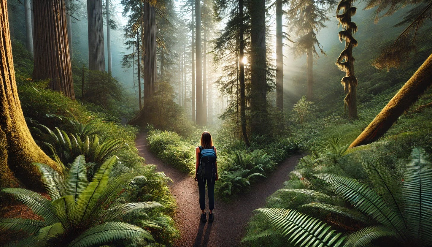 A wide shot of a woman hiking in the Olympic National Forest at a trailhead, standing thoughtfully as she decides between two diverging trails, surrounded by towering evergreens and dense underbrush, with the soft morning light filtering through the trees