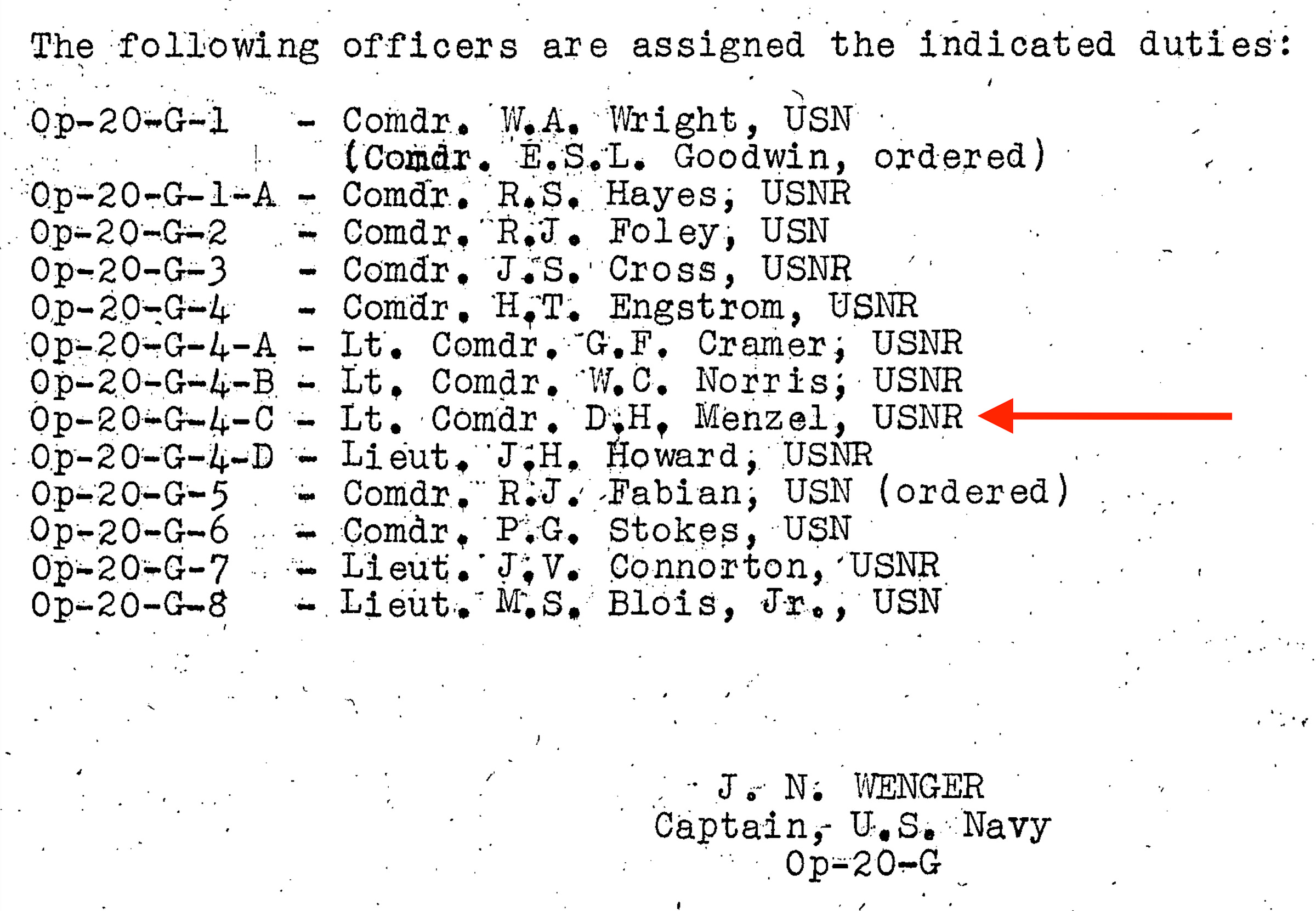 D. H. (Donald Howard) Menzel listed in a counter-intelligence and scientific capacity in the U.S. Navy National Security Agency (NSA) predecessor, OP-20-G D. H. (Donald Howard) Menzel listed in a counter-intelligence and scientific capacity in the U.S. Navy National Security Agency (NSA) predecessor, OP-20-G