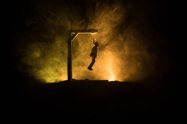 Horror view silhouette of hanged man on scaffold at night with fog and toned light on background. Execution (or suicide) decoration. Horror view silhouette of hanged man on scaffold at night with fog and toned light on background. Execution (or suicide) decoration. Horror Halloween concept. hanging noose stock pictures, royalty-free photos & images