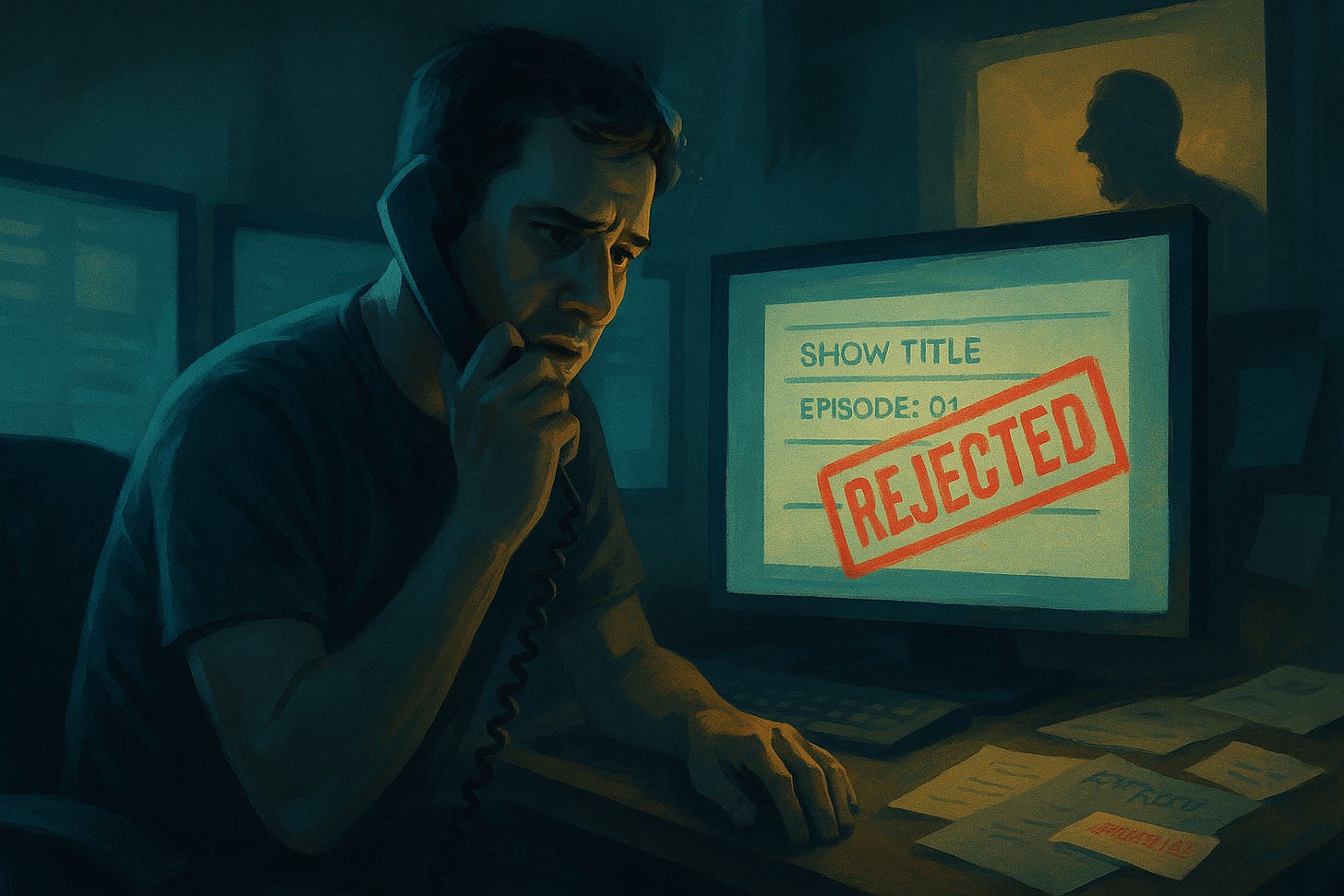 Stylized digital painting of a man in a dim post-production suite holding a phone during a tense call. The blue glow of monitors lights his worried face as a large screen displays a red “REJECTED” stamp. Papers are scattered on the desk, and a shadowy figure looms in the background, symbolizing blame and exhaustion in the television delivery process.
