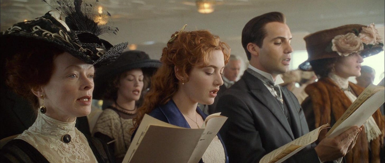 In Titanic, the first class passengers are singing the hymn Eternal Father  while in church — a hymn about sailors suffering while at sea. The line the  audience hears as the scene
