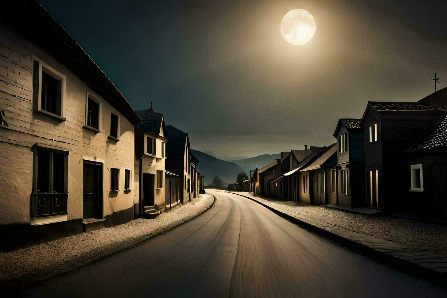 a street with houses and a full moon. AI-Generated 33429875 Stock Photo at  Vecteezy