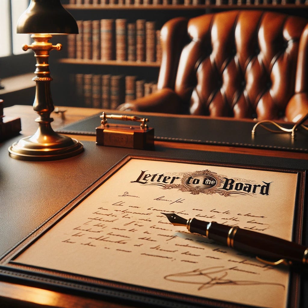 A vintage-style desk with a leather-bound chair. On the desk, a neatly handwritten letter titled 'Letter to the Board' is prominently displayed, written with a fountain pen on high-quality paper. The desk is made of dark wood, with a brass lamp turned on, casting a warm glow over the letter. The background shows a bookshelf filled with leather-bound books, suggesting an elegant and classic office environment.