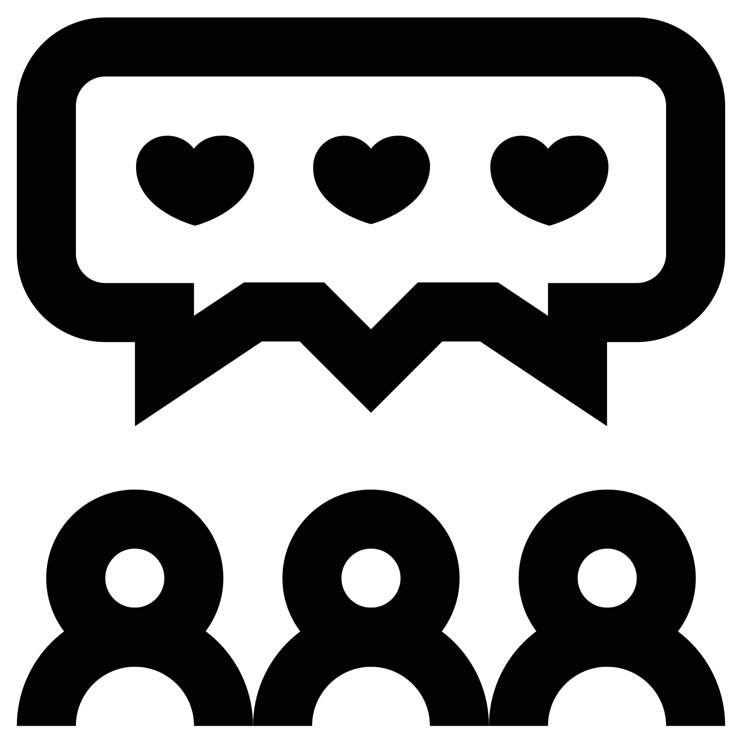 Icon of a group with a shared speech bubble of hearts above