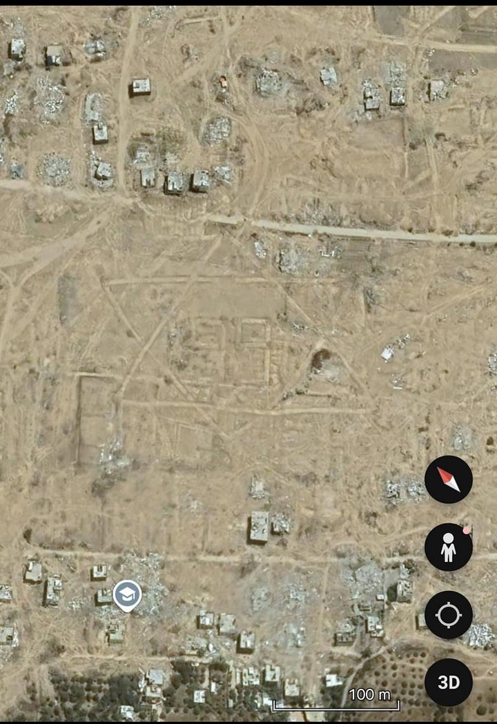 Satellite imagery captures an Israeli tank formation etching a vast Star of David into the rubble of Gaza. A symbol of conquest branded onto a wound, visible from orbit — spectacle by demolition, history turned into propaganda terrain.