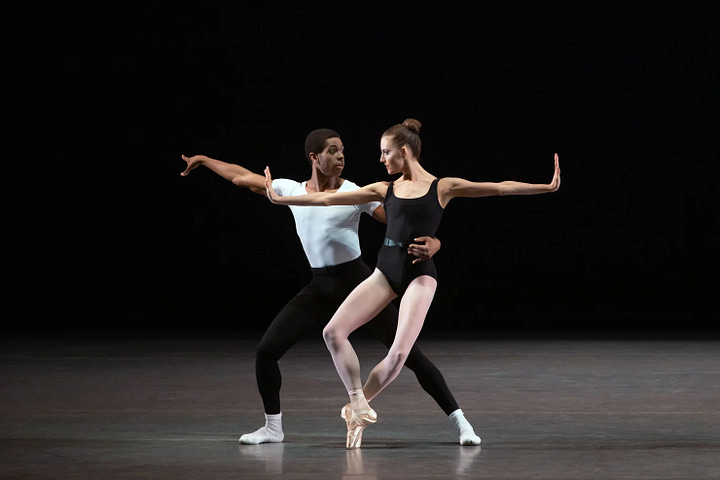 Two images of the NYCB, on the left company class, on the right two dancers performing The Four Temperaments.