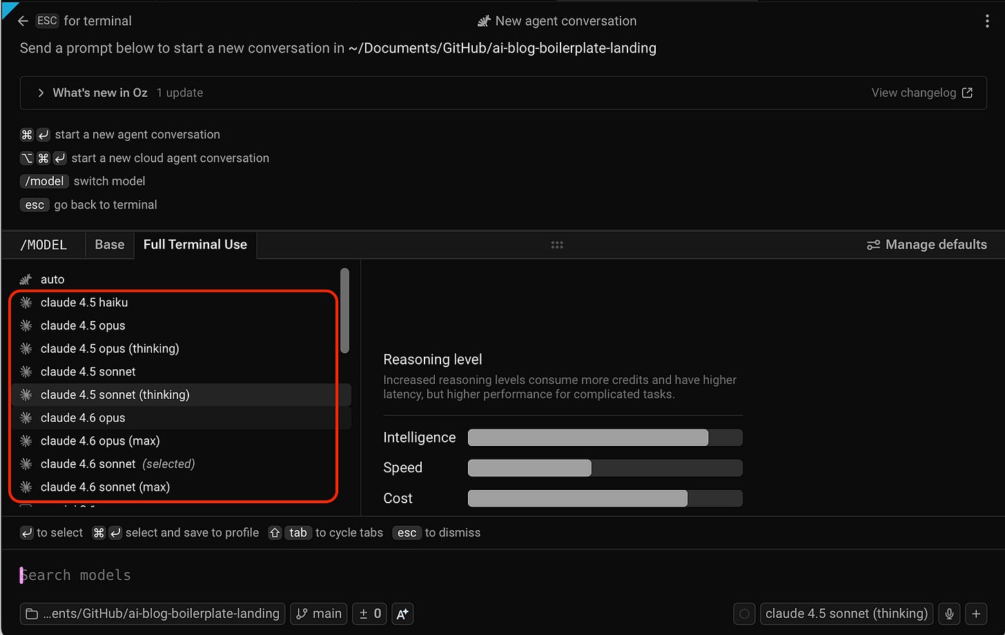 Bringing up the Claude models in Warp. Image by Jim Clyde Monge