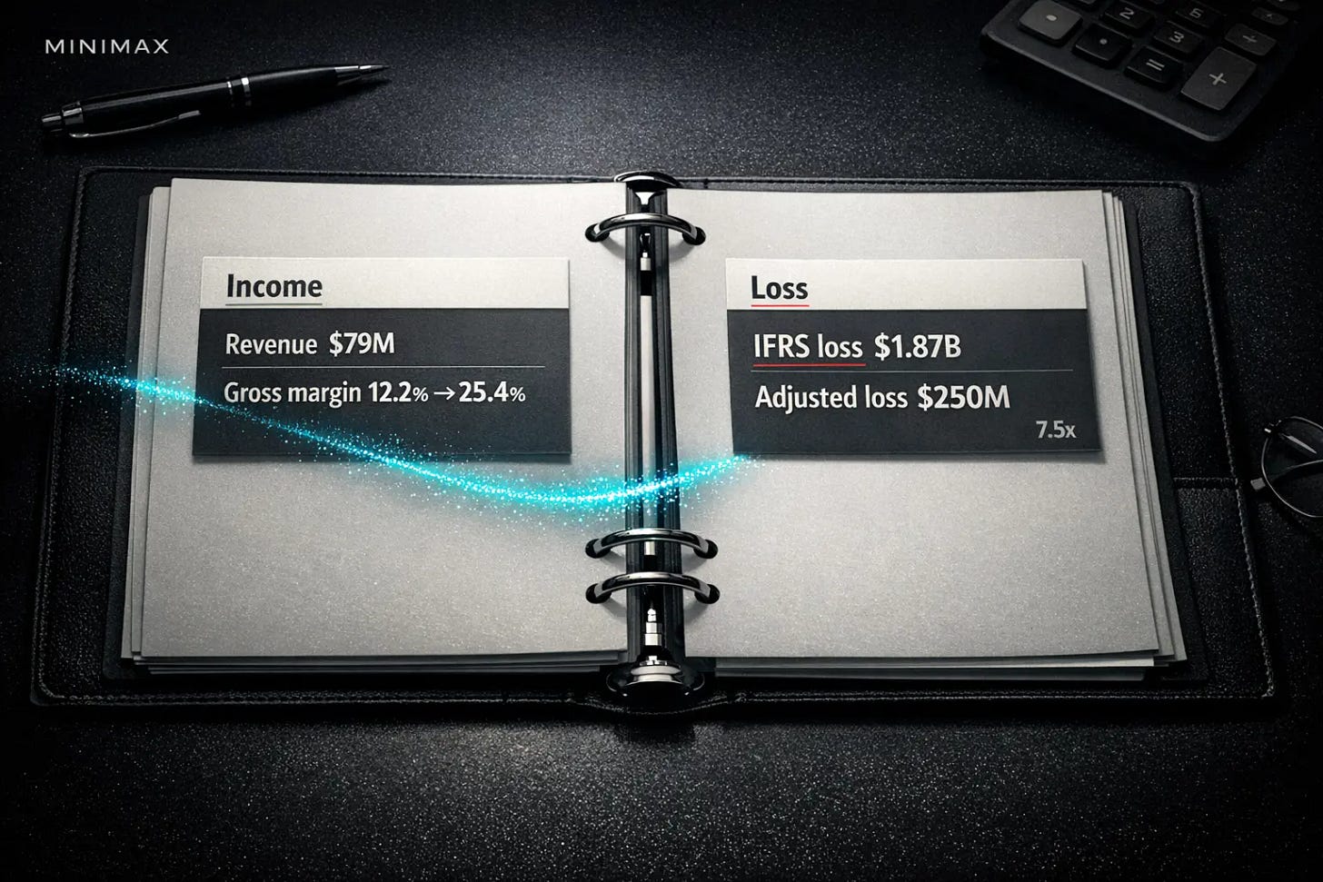 An open MiniMax FY2025 ledger showing revenue, margin improvement, and the IFRS versus adjusted loss gap. An open MiniMax FY2025 ledger showing revenue, margin improvement, and the IFRS versus adjusted loss gap.
