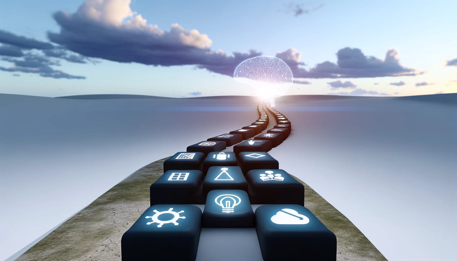 A wide image visualizing the concept of machine learning development without using any text. The image illustrates a clear path through a stylized, minimalist landscape. Along this path, symbolic icons represent common machine learning pitfalls—like overfitting, underfitting, and biased data—without using any textual labels. The path leads towards a glowing, abstract representation of a neural network at the end, symbolizing the goal of successful ML development. The landscape is serene and simple, with a sky above that transitions from dawn to daylight, indicating progress and enlightenment in the journey of ML development.
