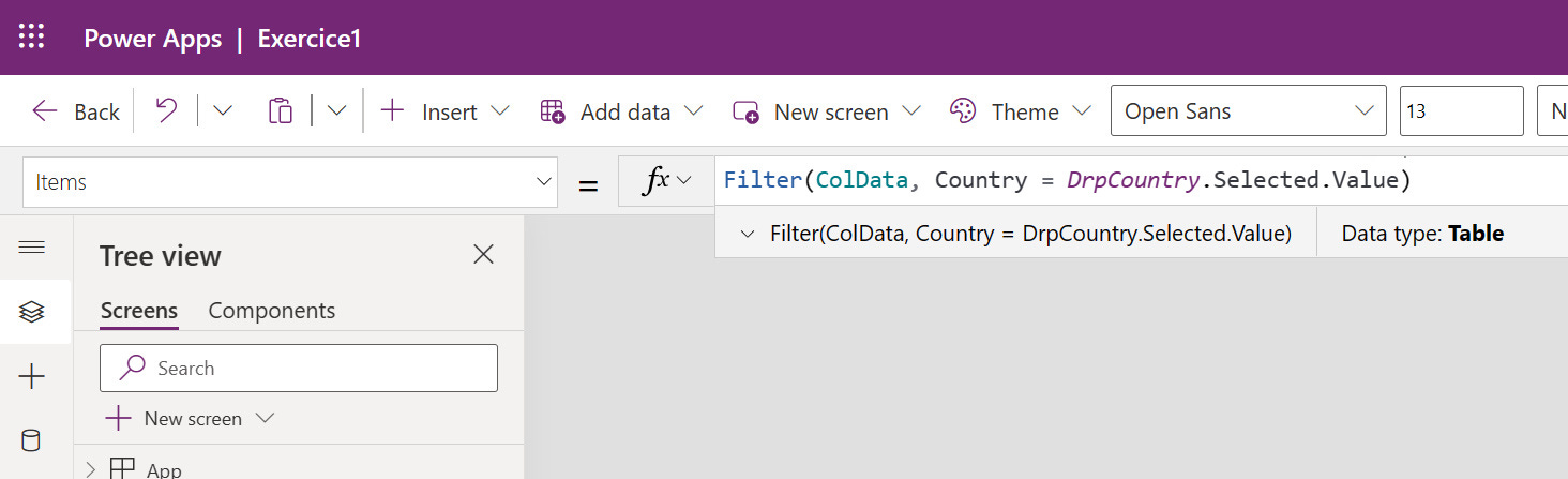 Filtrer un menu déroulant (DropDown) dans Power Apps