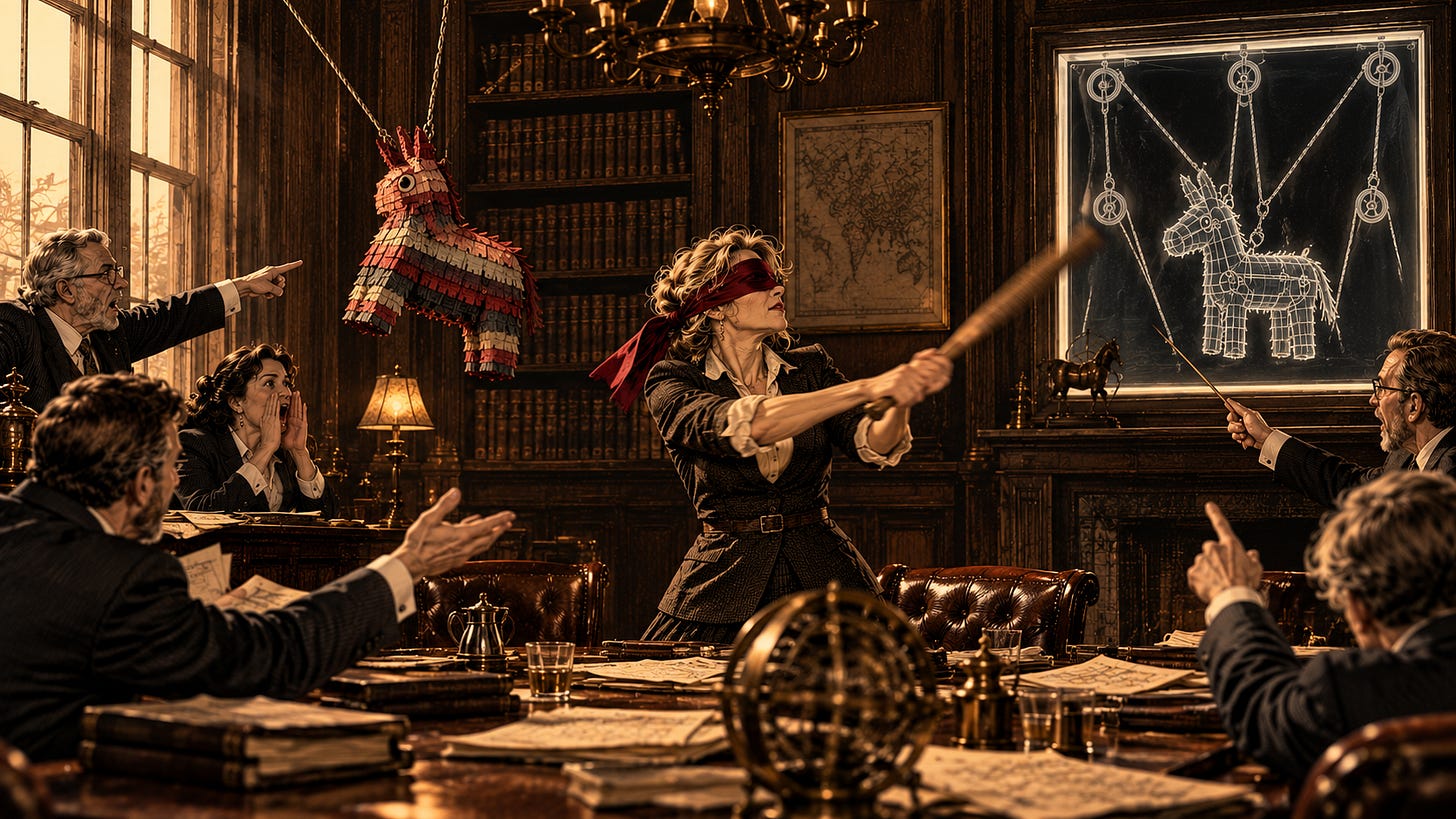 A sepia engraving of a grand boardroom: a blindfolded woman founder swings a stick hard at empty air while the piñata hangs 3 feet to her left. Around the table, advisors shout and point in different directions. On the back wall, an X-ray on a lightbox shows what nobody in the room can see: the piñata hangs from 4 separate ropes, each pulled on its own. A sepia engraving of a grand boardroom: a blindfolded woman founder swings a stick hard at empty air while the piñata hangs 3 feet to her left. Around the table, advisors shout and point in different directions. On the back wall, an X-ray on a lightbox shows what nobody in the room can see: the piñata hangs from 4 separate ropes, each pulled on its own.
