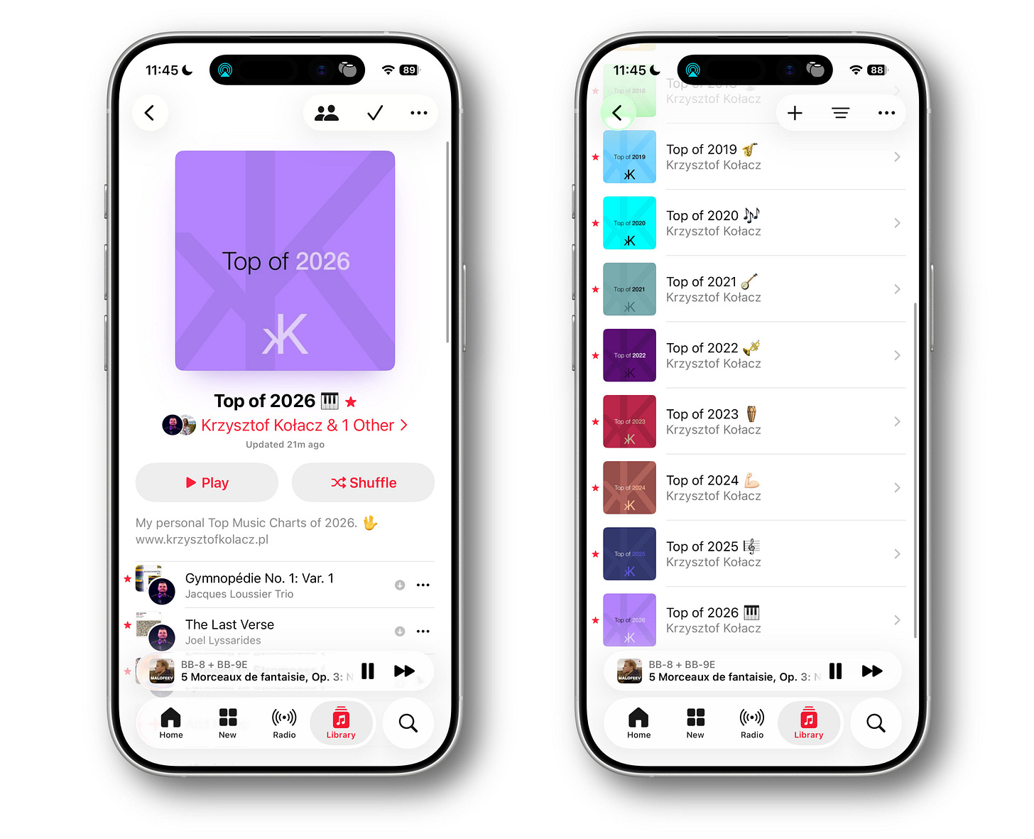 Zrzuty ekranu z aplikacji Apple Music, na których widać moje autorskie playlisty z ostatnich lat.