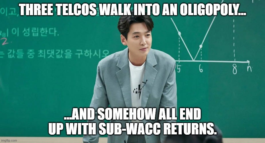 Meme about KT Corp, SK Telecom, and LG Uplus competing in South Korea’s telecom market — humor on all three earning sub-WACC returns despite operating in an oligopoly. KT Deep Dive, KT Investment Thesis, South Korea telecom analysis. Meme about KT Corp, SK Telecom, and LG Uplus competing in South Korea’s telecom market — humor on all three earning sub-WACC returns despite operating in an oligopoly. KT Deep Dive, KT Investment Thesis, South Korea telecom analysis.