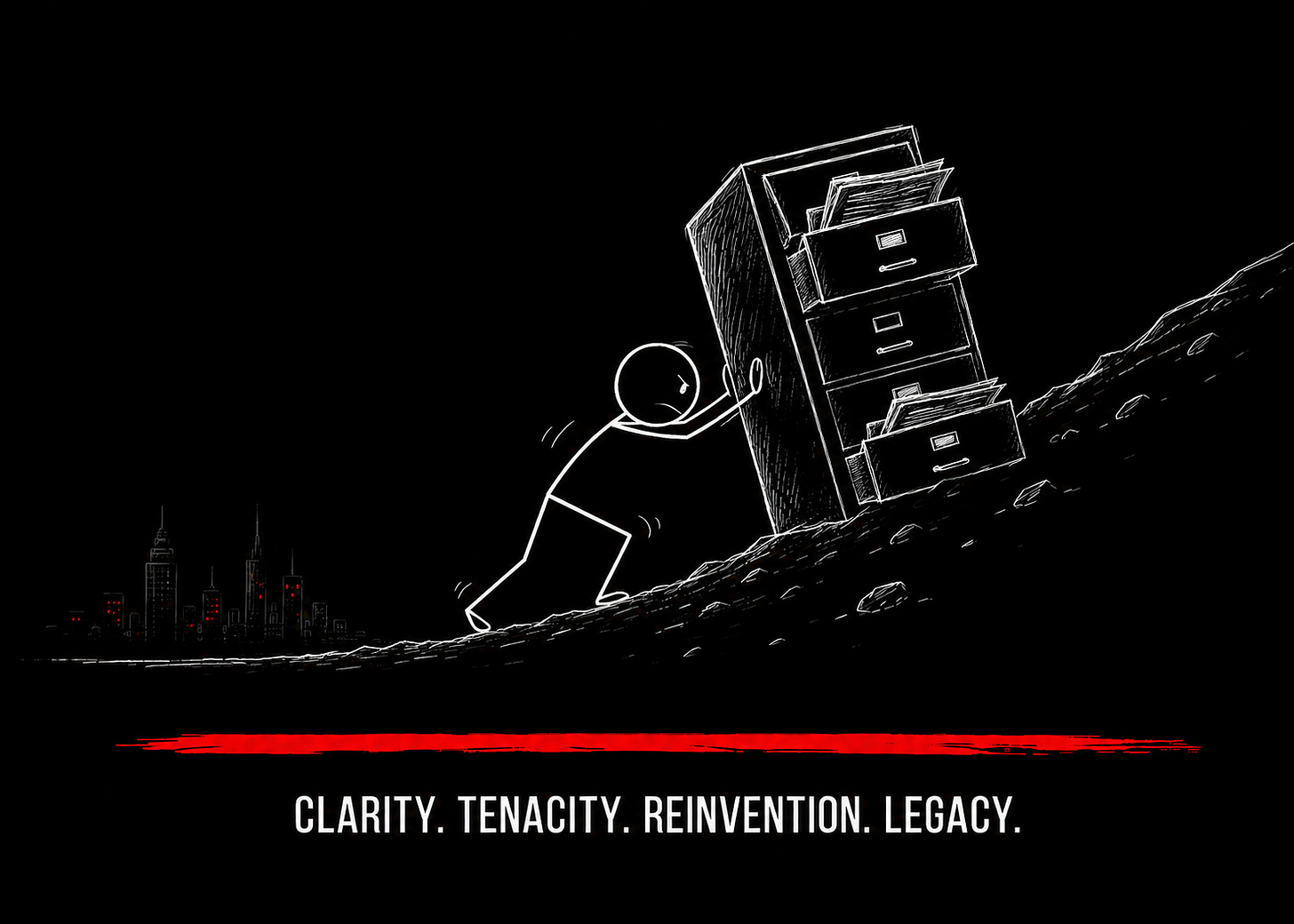 Minimalist chalk-style illustration of an exhausted stick figure pushing a heavy filing cabinet uphill, with open drawers and scattered papers symbolizing accumulated burdens. A rough red anchor bar and the text “CLARITY. TENACITY. REINVENTION. LEGACY.” appear at the bottom.
