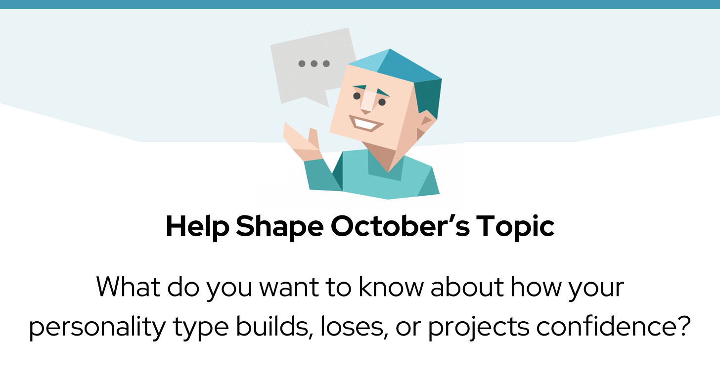 A character icon with a speech bubble appears above the text: "Help Shape October's Topic: What do you want to know about how your personality type builds, loses, or projects confidence?" A character icon with a speech bubble appears above the text: "Help Shape October's Topic: What do you want to know about how your personality type builds, loses, or projects confidence?"
